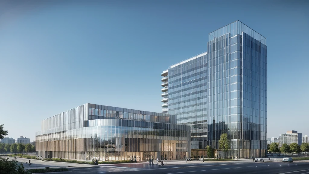 An office tower is located in the city center, with a commercial complex downstairs and a park next to it, (masterpiece:1.3), (best quality:1.3), (high resolution:1.2), (high detail:1.2) ,