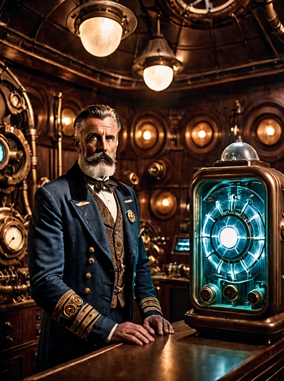 photo focus on male focus, indoors, realistic scenery, (captain nemo:1.1), retro-futuristic, testing radio energy transfer, electricity , ray beam, tesla tower, steampunk nautilus-style. very wide shot, character photo portrait, film, professional, 4k