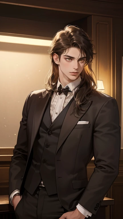 masterpiece, best quality, realistic, 1man, male, quiet and charming young man, 25 years old, close his eyes, serious look, extremely detailed face, ((yellow bright eyes)), ((dark black mullet messy hair)), bodyguard, ((Dressed in a suit), cinematic lighting, looking at the audience, posture dynamics, Victorian era, (very dark brown skin), ((very dark brown skin), (very dark brown skin)