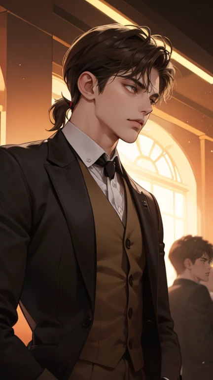 masterpiece, best quality, realistic, 1man, mature male, quiet and charming young man, 25 years old, close his eyes, serious look, extremely detailed face, ((yellow bright eyes)), ((dark black mullet messy hair)), bodyguard, ((Dressed in a suit), cinematic lighting, looking at the audience, posture dynamics, Victorian era, (very dark brown skin), ((very dark brown skin), (very dark brown skin)