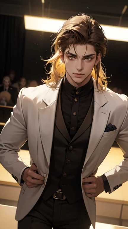 masterpiece, best quality, realistic, 1man, mature male, quiet and charming young man, 25 years old, close his eyes, serious look, extremely detailed face, ((yellow bright eyes)), ((dark black mullet messy hair)), bodyguard, ((Dressed in a suit), cinematic lighting, looking at the audience, posture dynamics, Victorian era, (very dark brown skin), ((very dark brown skin), (very dark brown skin)