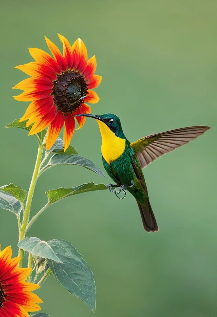 There is a male cross tailed sunbird hovering near a red sunflower. Male cross tailed sunbird sunbird, natural photo, stunning shots, beautiful and beautiful, natural documentary stills, green background