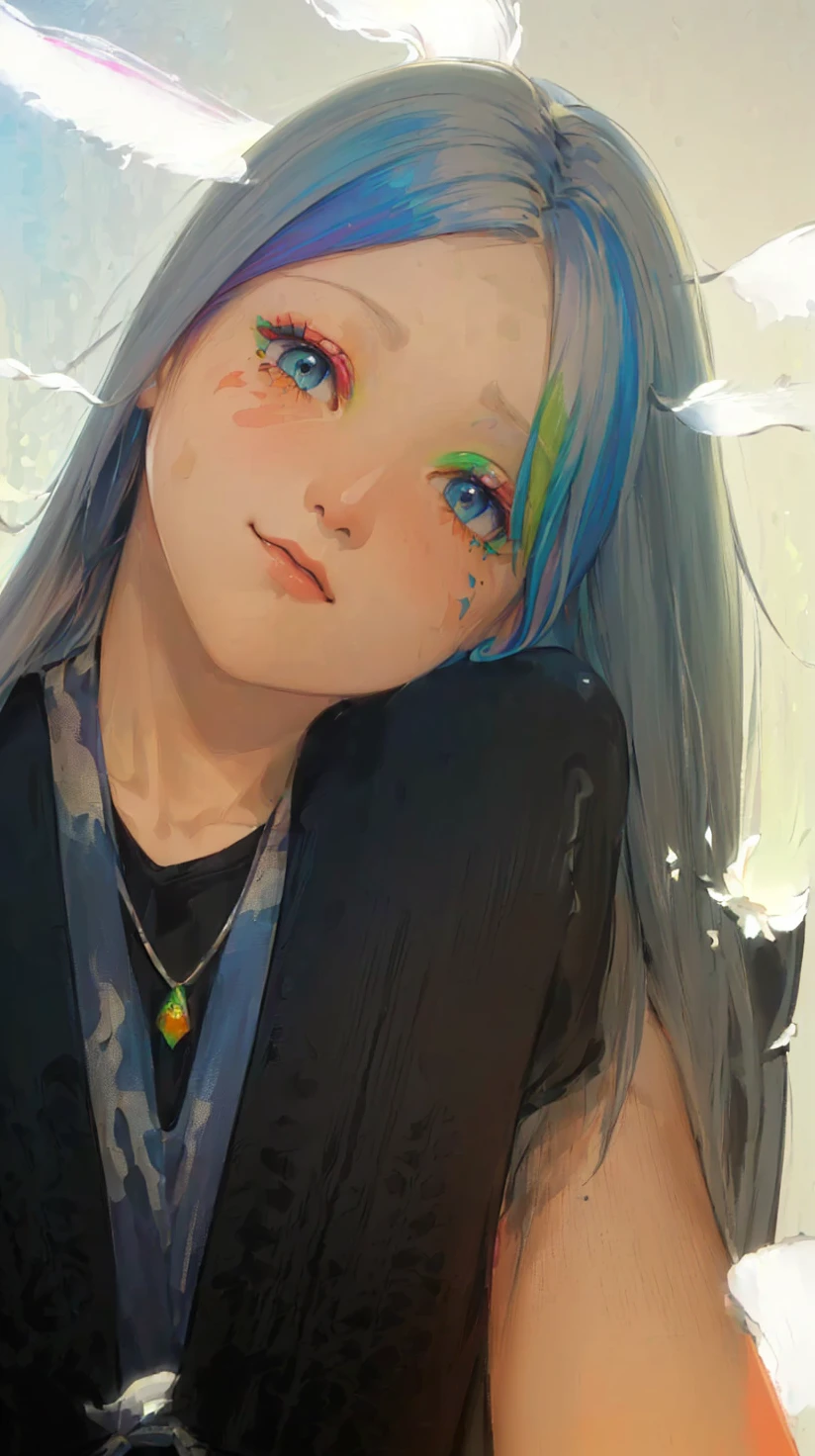 (Pink Fashion T-shirt:1.9),(Colorful hair: 1.8), (all the colours of the rainbow: 1.8),(((((vertical painting:1.6))), (painting:1.6),front, comics, illustrations, paintings, large eyes, crystal clear eyes,( rainbow color gradient high ponytail:1.7), exquisite makeup, closed mouth,(Small Fresh: 1.5),(Wipe Chest: 1.6) ,long eyelashes, white off shoulder T-shirt, White Shoulder Shirt,looking at the audience, large watery eyes, (rainbow colored hair:1.6), color splash, (solo:1.8), color splash, color explosion, thick paint style, messy lines, ((shining)),(colorful), (colorful), (colorful), colorful, Thick Paint Style, (Splash) (Color Splash), Vertical Painting, Upper Body, Paint Splash, Acrylic Pigment, Gradient, Paint, Highest Image Quality, Highest Quality, Masterpiece, Solo, Depth of Field, Face Paint, colorful clothes, (Elegant: 1.2), gorgeous,long hair, wind, (Elegant: 1.3), (Petals: 1.4),(((masterpiece))),(((best quality))),((ultra-detailed)),(illustration),(dynamic angle),((floating)),(paint),((disheveled hair)),(solo),(1girl) , (((detailed anima face))),((beautiful detailed face)),collar,bare shoulders,white hair, ((colorful hair)),((streaked hair)),beautiful detailed eyes,(Gradient color eyes),(((colorful eyes))),(((colorful background))),(((high saturation))),(((surrounded by colorful splashes))),