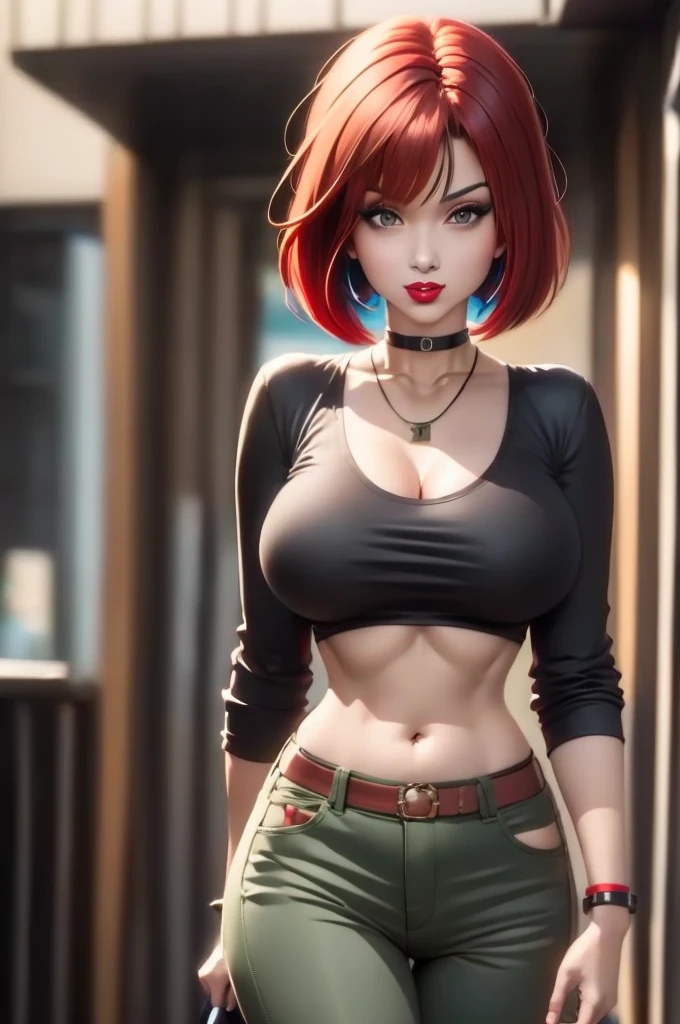 straight-on,pose,looking at viewer,solo, BREAK, 3d,
red hair, short hair, green eyes, breasts, makeup, lipstick, red lips, large breasts, narrow waist, curvy, bob cut, lips,
choker, jewelry, necklace, black choker, midriff, blue shirt, crop top, long sleeves, navel, black_pants, jeans, denim, wristband,
BREAK, official art, highres, scenery, (masterpiece:1.1), (best quality,:1.1), (high quality:1.1), (anime screencap:1.2),