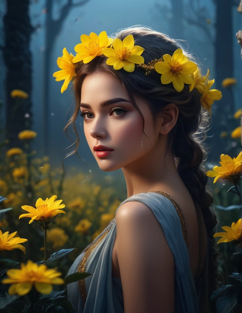 quality(8k wallpaper of extremely detailed CG unit, ​masterpiece, hight resolution, top-quality, top-quality real texture skin,hyper realisitic, digitial painting,increase the resolution,RAW photos，best qualtiy,highly detailed,the wallpaper),BREAK,8K, half face, quality(8k wallpaper of extremely detailed CG unit, ​masterpiece, hight resolution, top-quality, top-quality real texture skin,hyper realisitic, digitial painting,increase the resolution,RAW photos，best qualtiy,highly detailed,the wallpaper),BREAK,8K, night , yellow glowing flowers, mist, girls siluet in middle of flowers 