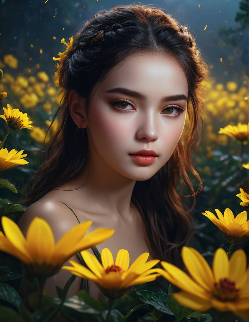 quality(8k wallpaper of extremely detailed CG unit, masterpiece, hight resolution, top-quality, top-quality real texture skin,hyper realisitic, digitial painting,increase the resolution,RAW photos,best qualtiy,highly detailed,the wallpaper),BREAK,8K, half face, quality(8k wallpaper of extremely detailed CG unit, masterpiece, hight resolution, top-quality, top-quality real texture skin,hyper realisitic, digitial painting,increase the resolution,RAW photos,best qualtiy,highly detailed,the wallpaper),BREAK,8K, night , yellow glowing flowers, mist, girls siluet in middle of flowers