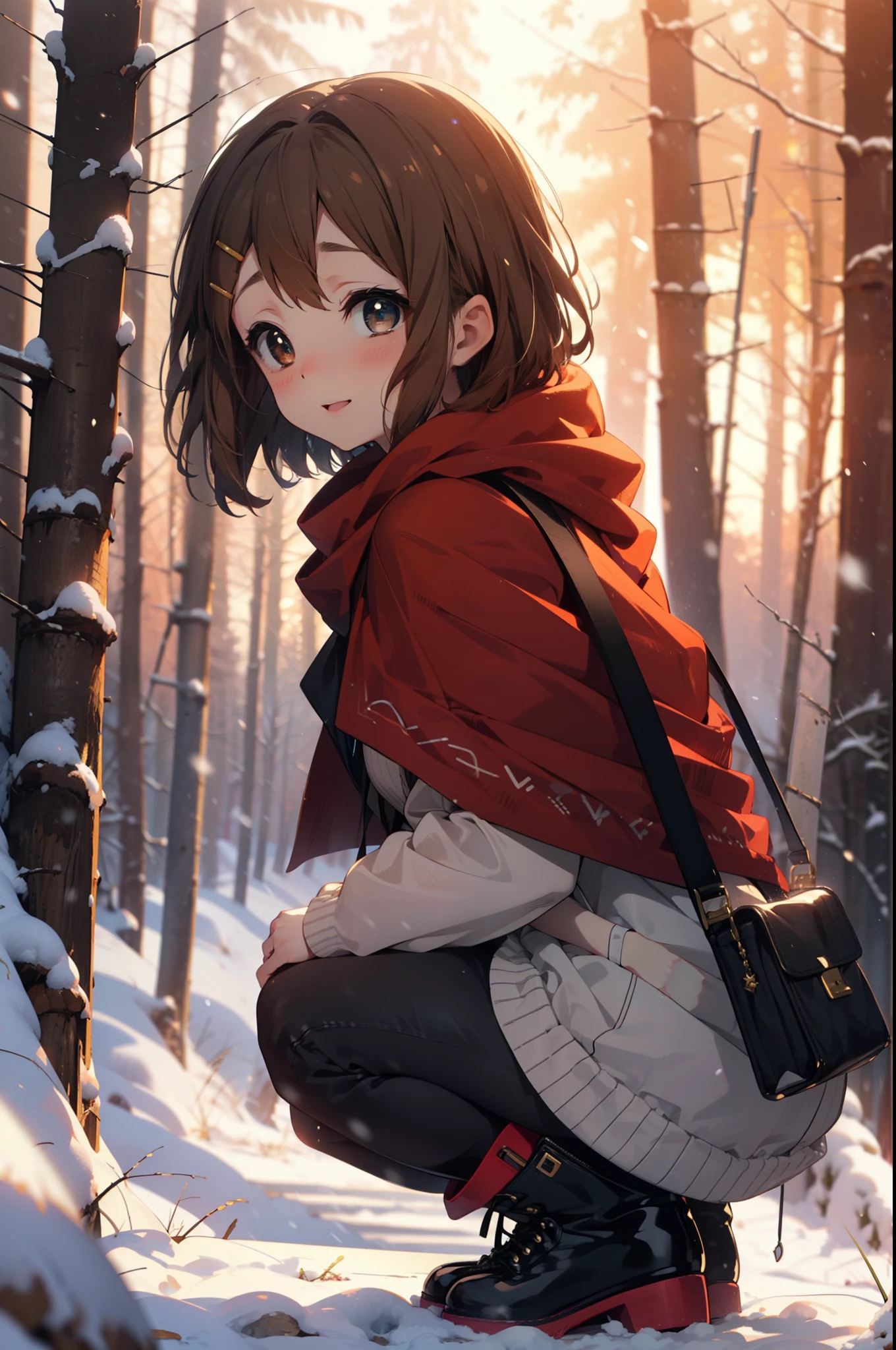 yuihirasawa, Yui Hirasawa, short hair, Brown Hair, hair ornaments, (Brown eyes:1.5), Hair Clip、smile,smile,blush,White Breath,
Open your mouth,snow,Ground bonfire,, Outdoor, boots, snowing, From the side, wood, suitcase, Cape, Blurred, , forest, White handbag, nature, Squat, Mouth closed, Cape, winter, Written boundary depth, Black shoes, red Cape break looking at viewer, Upper Body, whole body, break Outdoor, forest, nature, break (masterpiece:1.2), Highest quality, High resolution, unity 8k wallpaper, (shape:0.8), (Beautiful and beautiful eyes:1.6), Highly detailed face, Perfect lighting, Extremely detailed CG, (Perfect hands, Perfect Anatomy),