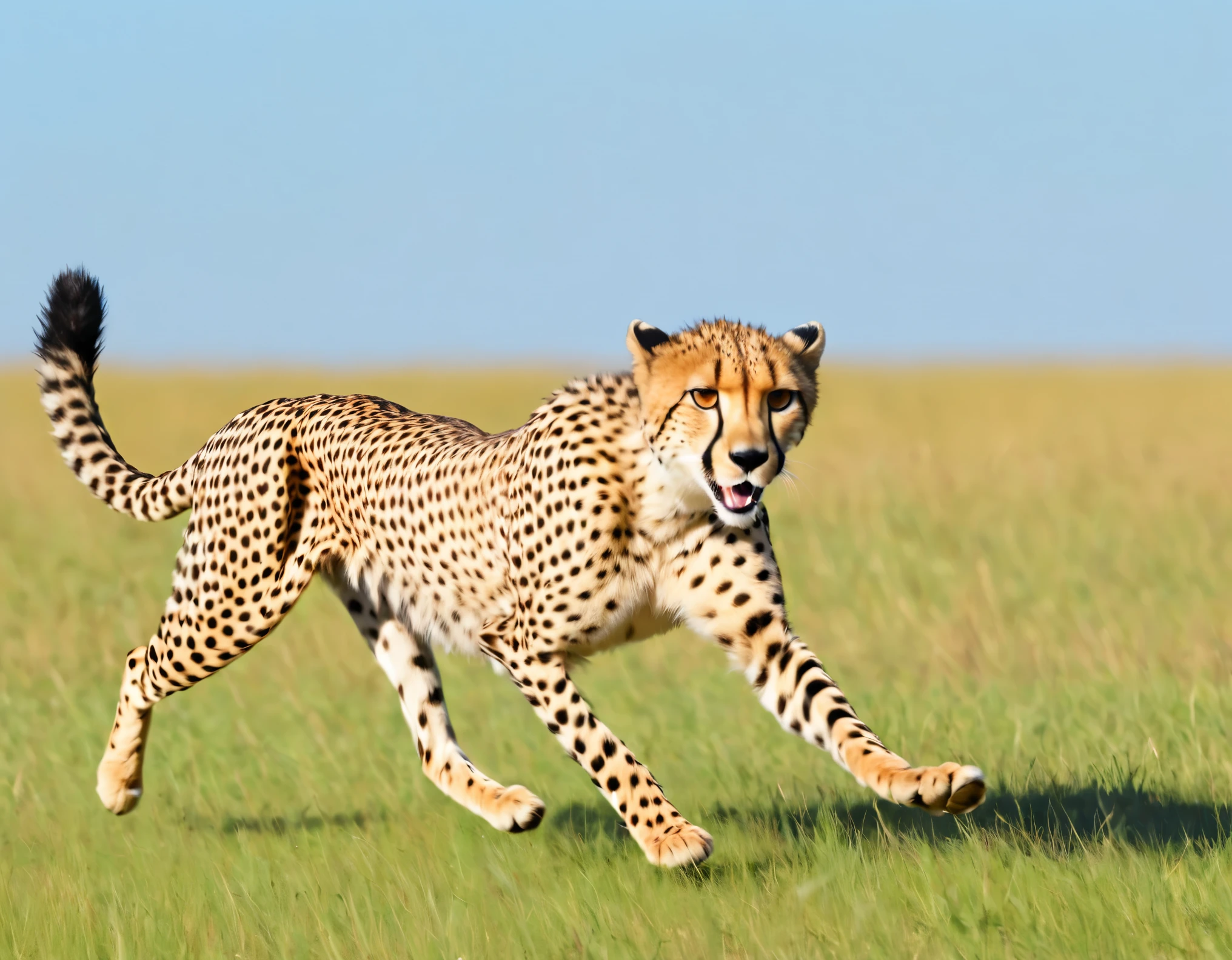 Cheetah chasing prey, Sprinting, Motion Blur:1.2, grassland, blue sky, フォトRealistic:1.2, Realistic, masterpiece:1.2.