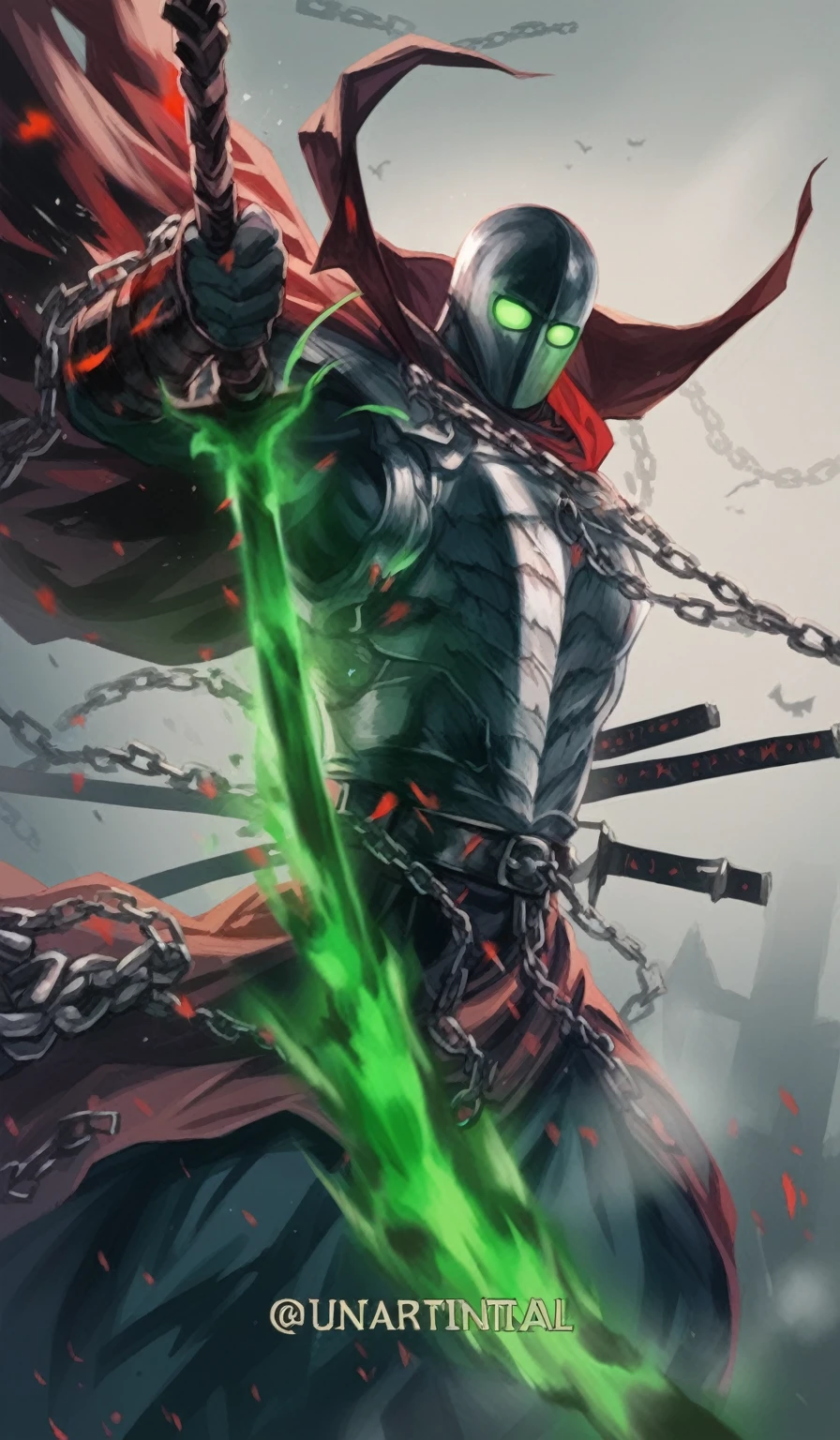 Character Description: Infernal SoldierAppearance:Figure: The Infernal Soldier stands tall and imposing, his silhouette defined against a hellish red sky.Armor: Clad in dark, twisted armor that seems to pulse with an inner fire. The metal is scorched and pitted, with glowing runes etched along its surface.Cape: A tattered, black cape billows in the fiery winds, moving almost as if alive.Face: His face is obscured by a demonic helm, with piercing red eyes glowing from within the darkness.Chains: Heavy chains, glowing with infernal heat, wrap around his torso and arms. They clink and rattle ominously, suggesting a power barely contained.Setting:Cross: The Infernal Soldier is perched atop a massive, ancient cross. The cross itself is charred and cracked, its surface marred by centuries of torment.Environment: The air is thick with smoke and ash, swirling around the soldier and the cross. The ground below is a wasteland of jagged rocks and glowing fissures, emanating an eerie red light.Dynamic Elements:Cape: The cape moves violently in the wind, as if it has a life of its own, occasionally revealing glimpses of the soldier’s armored back.Chains: The chains writhe and twist, clanging against the armor and the cross, creating a constant, menacing noise.Aura: A dark, fiery aura surrounds the soldier, casting an ominous glow and making the air around him shimmer with heat.Pose:Stance: The Infernal Soldier stands confidently atop the cross, one foot planted firmly on the horizontal beam, the other resting on the vertical.Hands: His hands grip the chains, ready to lash out at any moment, adding to his threatening presence.Imagery and Vibe:The scene exudes a sense of dread and power, with the Infernal Soldier appearing as both guardian and executioner, poised to unleash his wrath upon any who dare approach. The interplay of light and shadow, the movement of the cape and chains, and the hellish environment combine to create a vivid, dynamic image of a fearsome warrior from the 