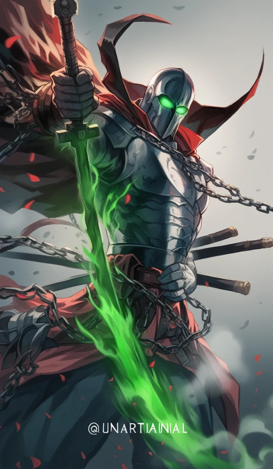 Character Description: Infernal SoldierAppearance:Figure: The Infernal Soldier stands tall and imposing, his silhouette defined against a hellish red sky.Armor: Clad in dark, twisted armor that seems to pulse with an inner fire. The metal is scorched and pitted, with glowing runes etched along its surface.Cape: A tattered, black cape billows in the fiery winds, moving almost as if alive.Face: His face is obscured by a demonic helm, with piercing red eyes glowing from within the darkness.Chains: Heavy chains, glowing with infernal heat, wrap around his torso and arms. They clink and rattle ominously, suggesting a power barely contained.Setting:Cross: The Infernal Soldier is perched atop a massive, ancient cross. The cross itself is charred and cracked, its surface marred by centuries of torment.Environment: The air is thick with smoke and ash, swirling around the soldier and the cross. The ground below is a wasteland of jagged rocks and glowing fissures, emanating an eerie red light.Dynamic Elements:Cape: The cape moves violently in the wind, as if it has a life of its own, occasionally revealing glimpses of the soldier’s armored back.Chains: The chains writhe and twist, clanging against the armor and the cross, creating a constant, menacing noise.Aura: A dark, fiery aura surrounds the soldier, casting an ominous glow and making the air around him shimmer with heat.Pose:Stance: The Infernal Soldier stands confidently atop the cross, one foot planted firmly on the horizontal beam, the other resting on the vertical.Hands: His hands grip the chains, ready to lash out at any moment, adding to his threatening presence.Imagery and Vibe:The scene exudes a sense of dread and power, with the Infernal Soldier appearing as both guardian and executioner, poised to unleash his wrath upon any who dare approach. The interplay of light and shadow, the movement of the cape and chains, and the hellish environment combine to create a vivid, dynamic image of a fearsome warrior from the