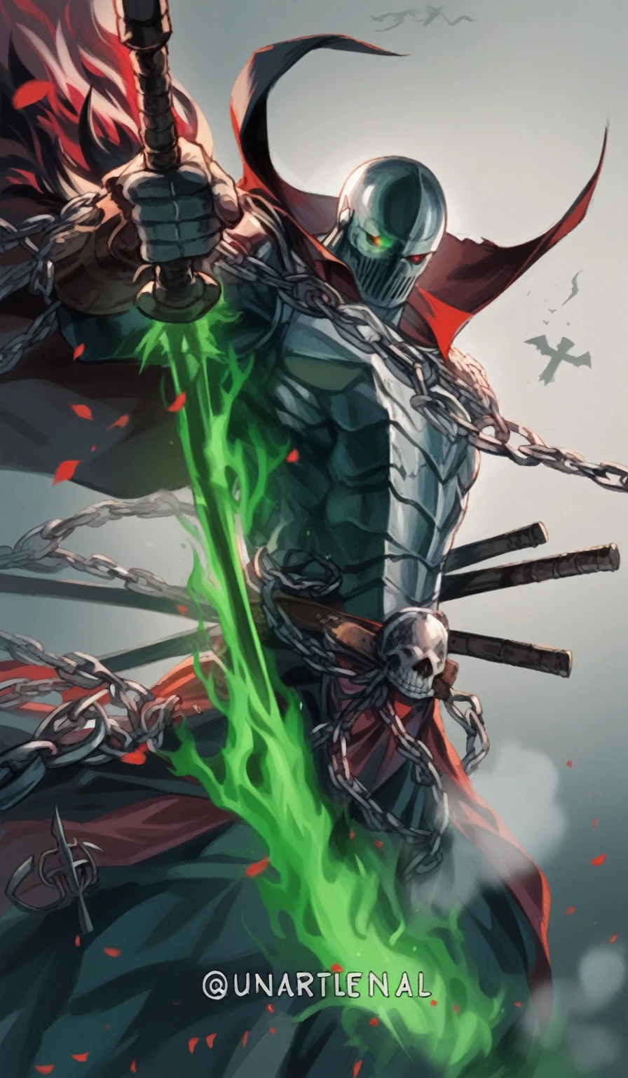 Character Description: Infernal SoldierAppearance:Figure: The Infernal Soldier stands tall and imposing, his silhouette defined against a hellish red sky.Armor: Clad in dark, twisted armor that seems to pulse with an inner fire. The metal is scorched and pitted, with glowing runes etched along its surface.Cape: A tattered, black cape billows in the fiery winds, moving almost as if alive.Face: His face is obscured by a demonic helm, with piercing red eyes glowing from within the darkness.Chains: Heavy chains, glowing with infernal heat, wrap around his torso and arms. They clink and rattle ominously, suggesting a power  contained.Setting:Cross: The Infernal Soldier is perched atop a massive, ancient cross. The cross itself is charred and cracked, its surface marred by centuries of torment.Environment: The air is thick with smoke and ash, swirling around the soldier and the cross. The ground below is a wasteland of jagged rocks and glowing fissures, emanating an eerie red light.Dynamic Elements:Cape: The cape moves violently in the wind, as if it has a life of its own, occasionally revealing glimpses of the soldier’s armored back.Chains: The chains writhe and twist, clanging against the armor and the cross, creating a constant, menacing noise.Aura: A dark, fiery aura surrounds the soldier, casting an ominous glow and making the air around him shimmer with heat.Pose:Stance: The Infernal Soldier stands confidently atop the cross, one foot planted firmly on the horizontal beam, the other resting on the vertical.Hands: His hands grip the chains, ready to lash out at any moment, adding to his threatening presence.Imagery and Vibe:The scene exudes a sense of dread and power, with the Infernal Soldier appearing as both guardian and executioner, poised to unleash his wrath upon any who dare approach. The interplay of light and shadow, the movement of the cape and chains, and the hellish environment combine to create a vivid, dynamic image of a fearsome warrior from the 