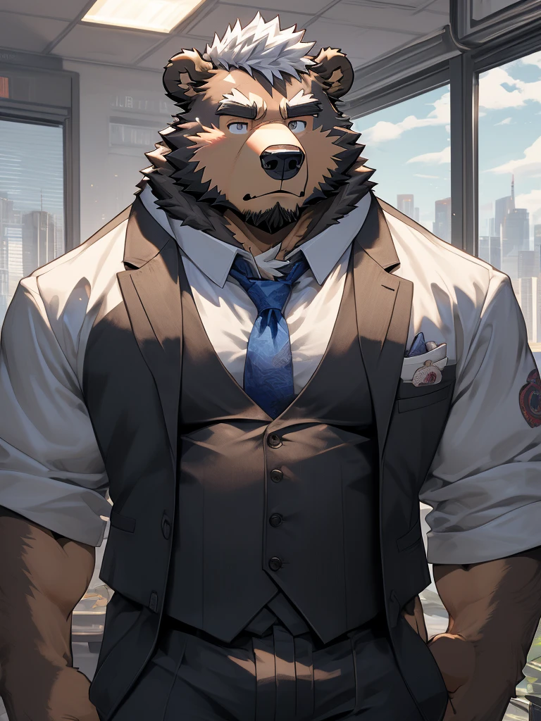 (Super detailed), Sharp focus,hairy, Gray fur, White beard, White hair,human nature (北极Bear:1.3), male, Old face, Gray body, White belly, Muscular ,(Crotch bulge),(Big Bag),Super detailed的脸,(dishevelled:1.4),(best quality), (masterpiece), High Detail, high quality,High resolution,16K,(Bear:1.3),(scar:0.6),Frowning serious expression,(Wearing a white suit),(Office Background)