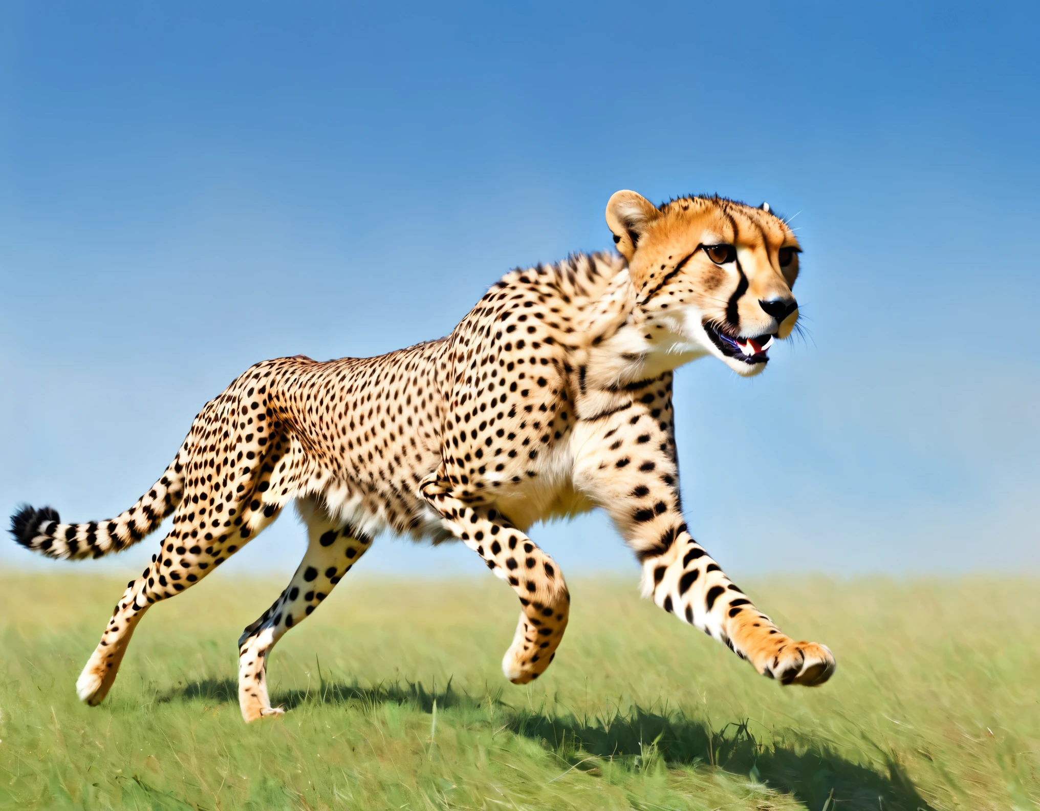 Cheetah chasing prey, Sprinting, Motion Blur:1.2, grassland, blue sky, フォトRealistic:1.2, Realistic, masterpiece:1.2.