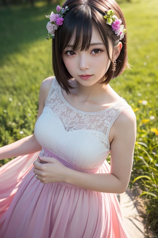 1girl, tayror swift, (pink long dress), (sheer ruffle dress), smile, japanese idol, in the field many flowers, masterpiece, high quality, beautiful, 4k, beautiful detailed, glow, multiple color hair, from above, depth of field, light particles, HDR, Rembrandt lighting, colorful refraction, lens flare, bloom, film Reflection, colorful refraction, chromatic aberration, light diffusion