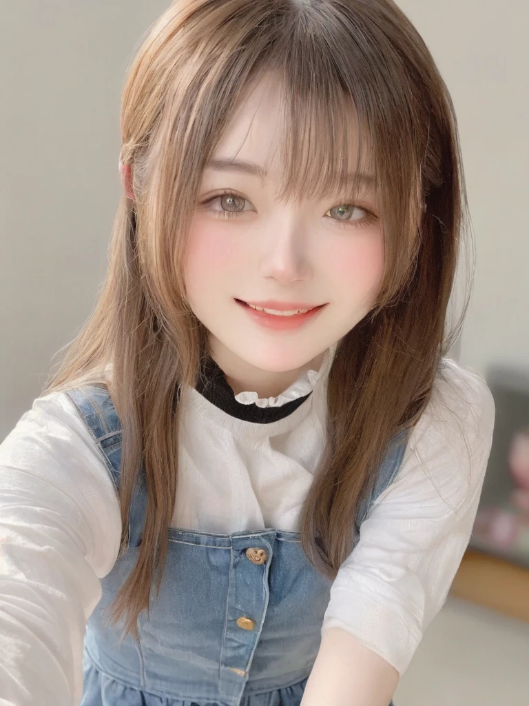 4K, masterpiece, 8K, high quality, 最high quality,10歳のcute少等生, Very white skin, Long brown hair，a bit，Low length，freckles，Thin eyebrows，Straight bangs，(Flat Chest) ，feminine, freckles, Tilt, elegant, elegant, cute, smile, cute, Hilarious, belly button, Denim Low Rise , ((Black knee socks)), (Ugly clothes)、((Gray background))