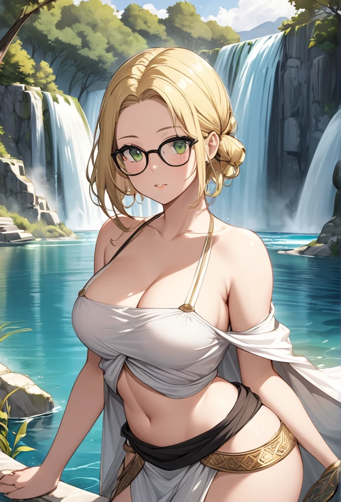 chubby girl, blonde, green eyes, medium length hair,open forehead, no bangs, square-rimmed black glasses,medium breasts, large hips 
Greek style of clothing, ancient Greece, sexy, open hips 
water, lake, waterfall 