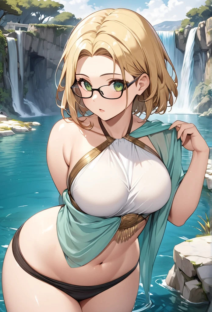 chubby girl, blonde, green eyes, medium length hair,open forehead, no bangs, square-rimmed black glasses,medium breasts, large hips
Greek style of clothing, ancient Greece, , open hips
water, lake, waterfall