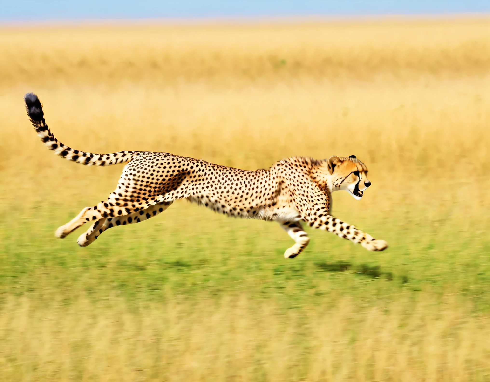 Cheetah chasing prey, Sprinting, Motion Blur:1.2, grassland, blue sky, フォトRealistic:1.2, Realistic, masterpiece:1.2.