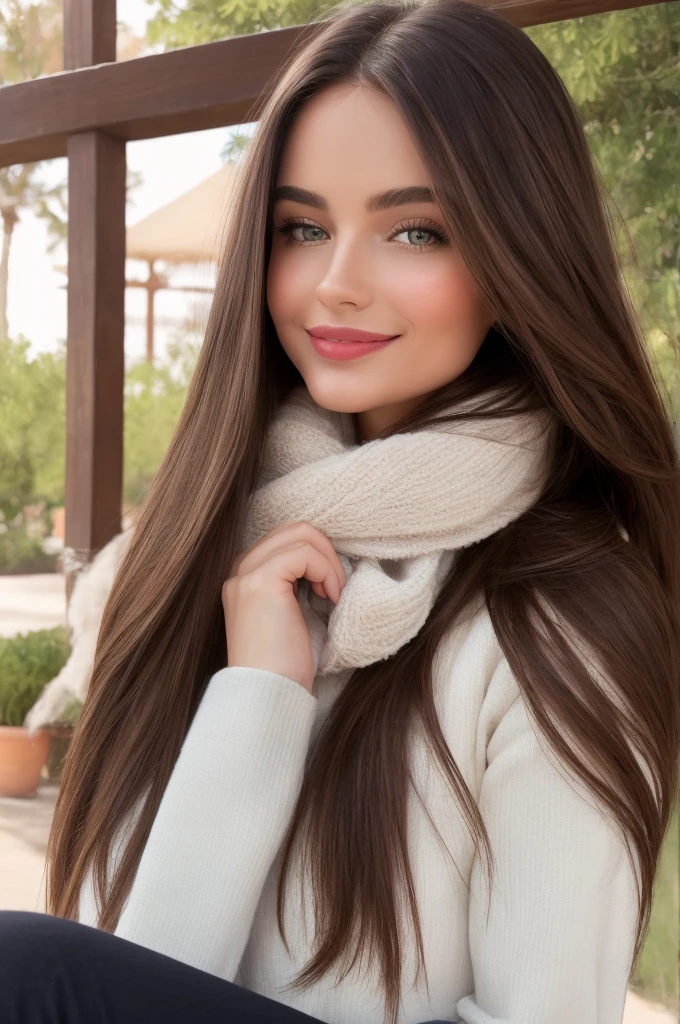 Casual photograph, best quality, 8K, hyper detailed, full body, A close up portrait of a Gorgeous, charming, alluring, graceful, majestic, classy, stylish, flowing super long brown haired argentinian woman. Flowing hair, silky hair, glowing hair, ethereal argentinian beauty, exotic argentinian beauty, timeless argentinian beauty, dream argentinian beauty. She has the cutest face, beaming countenance, fair porcelain skin, soft make-up, red lipstick, she is wearing a black leather jacket, sweater, scarf, skinny trousers, and boots. She's glad, happy, cheerful, joyful, angelical face, angelical beauty. Affectionate woman, tenderness and delicacy in person. She's at garden, having a coffee.