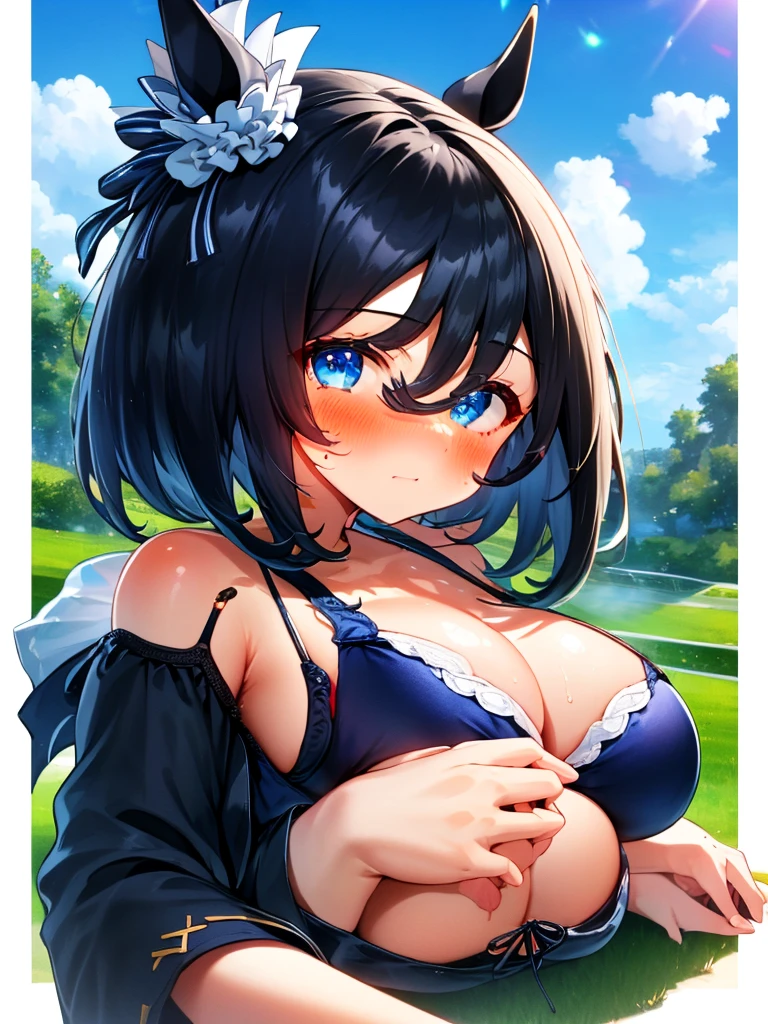 masterpiece, best quality, extremely detailed, (((eishin flash,))) (((umamusume,))) 1 girl, young, cute face, (((blush,))) (((black hair,))) medium hair, blue eyes, (,) beautiful detailed blue eyes, white skin, (((gleaming skin,))) (((oil,))) (((gleaming skin,))) (((glistening skin,))) ((embarrassed,)) (((black ,))) (((black ,))) (((horse ear,))) closed mouth, hairs between eyes, ((parted bangs,)) ((bob cut,)) full body,