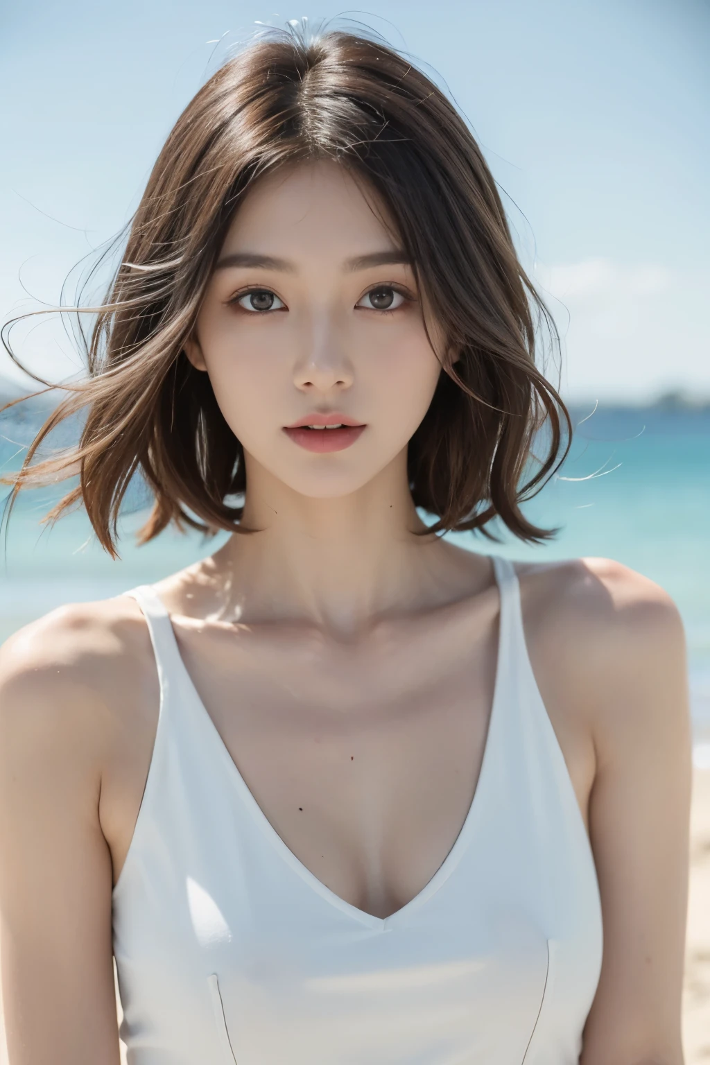 ((best quality,highest resolution,unified 8k,masterpiece:1.4))a girl,Elegant short hair with windblown hair,medium ,rosy lips,white shiny skin,Upper body