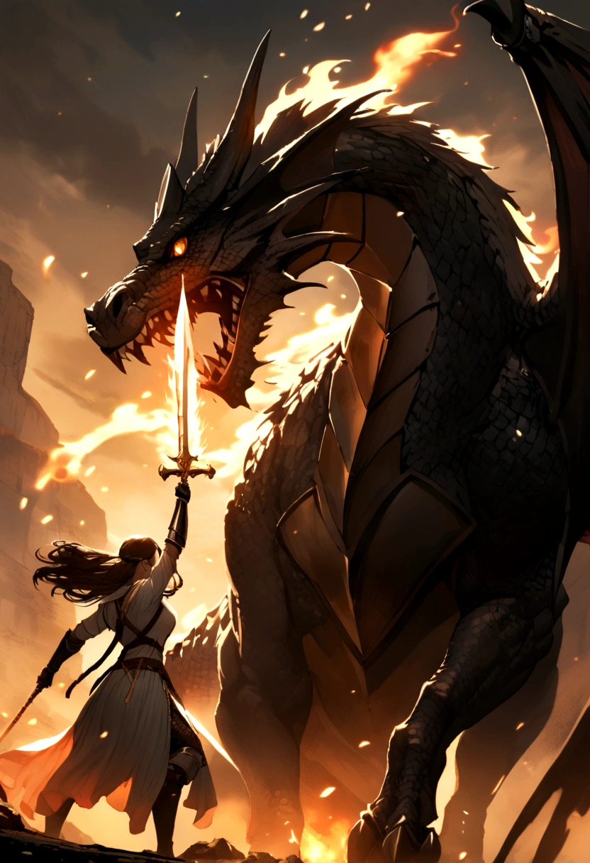 female knight holding a flaming sword, fighting a dragon