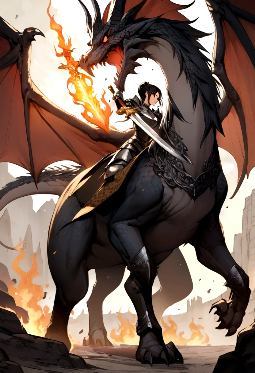 female knight holding a flaming sword, fighting a dragon 