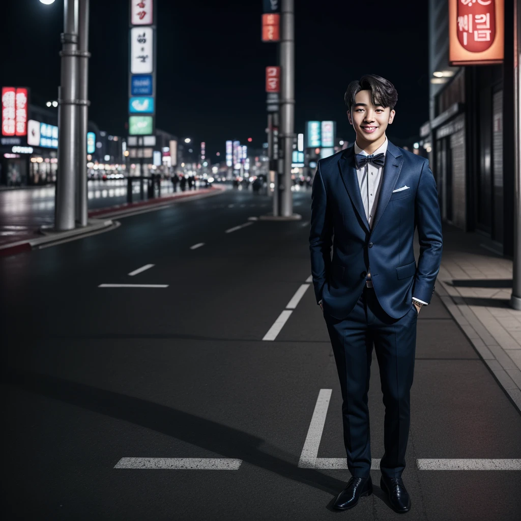 ((hyperdetail)), ((hyperrealistic)), ((hyperrealism)), Professional, Angle camera shooting from below, realistic, High level of detail, Full body photo of 25 years old Korean male, alone, just 1 man, face like Jungkook BTS, nice hair like Jungkook BTS hair, nice eyes, wearing classic formal outfit, fashionable , catchy office outfit, full body, fit body almost 75 kg bodyweight weight and 185 cm body height, fit body like gym trainer, not thin and not fat, standing at street center of Seoul of night day, photogenic pose, smile pose, (random standing pose: 1.3) ,Natural light, (Attractive young man:1.3), (seductive:1.1), (blush:1.1), night bacgkround at street near seoul district , E-world Seoul, night day, night time, night day atmosphere, ((cool pose)), ((gentleman pose)), ((ISO 400)), ((50mm lens)), ((wide shot)),