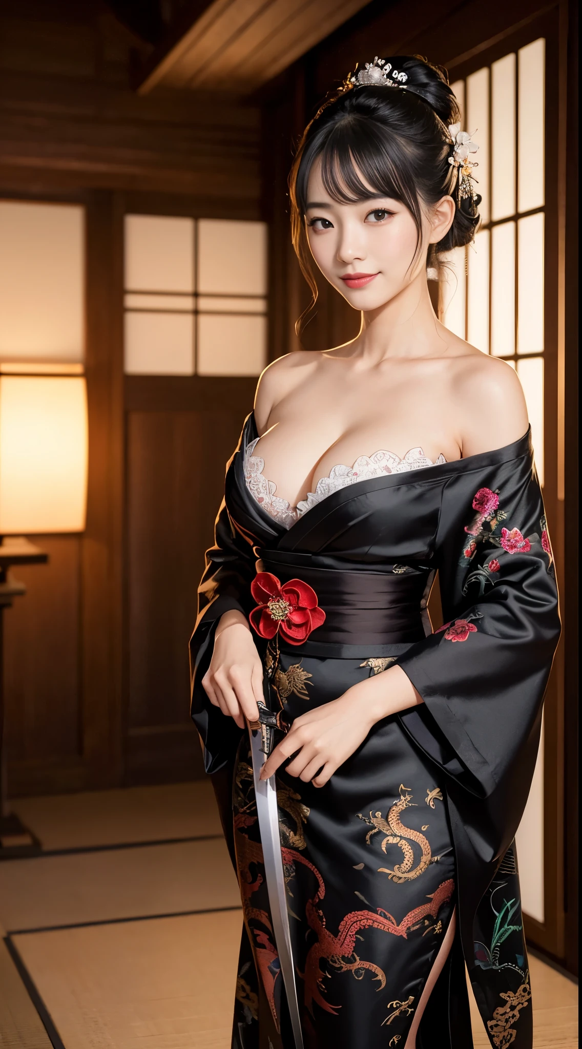 8K Ultra HD, Digital SLR,Film Grain, Fujifilm XT3,(Highest quality:1.3), (masterpiece:1.1), High resolution, Cinematic Light, Intricate details, (Realistic) (Night view) Realistic backlight、Dramatic reddish light、Beautiful Japanese Geisha full body photo, (( texture Pore details)), Grin、Devilish smile, Simple messy hairstyle, She wears a black satin kimono decorated with traditional dragon motifs.., Open shoulders, Colorful dragon tattoos all over the body, Has a long blade, Long-bladed Japan sword in hand,Inside a traditional villa, 8K, Front blur