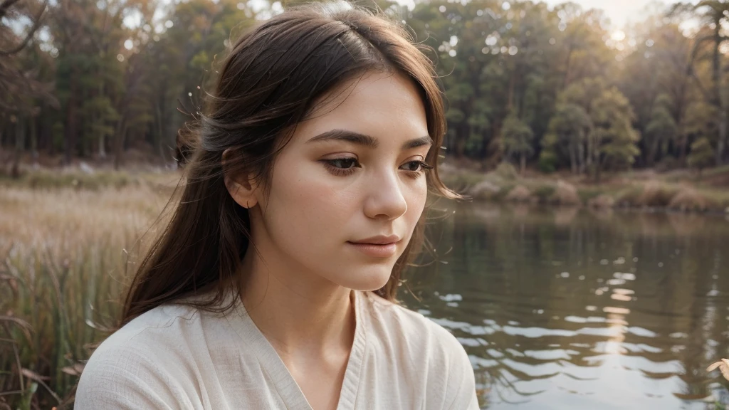"A serene profile picture featuring a calm and relaxed face, with a soft focus nature background in pastel tones. The face should have a gentle, peaceful expression, with closed or softly gazing eyes. Lighting should be warm and soft, highlighting the tranquility of the scene. The overall style should be minimalist and clean, ensuring the face and serene atmosphere are the main focus."