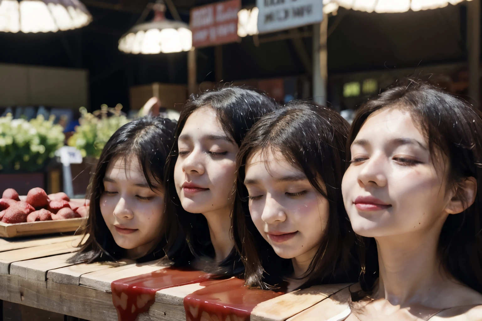 Several decapitated heads of beautiful women, on a table, in a public market, full of blood, blood flowing, ((eyes closed)), bleeding, photorealistic, 4K, Nikon, horror, public market