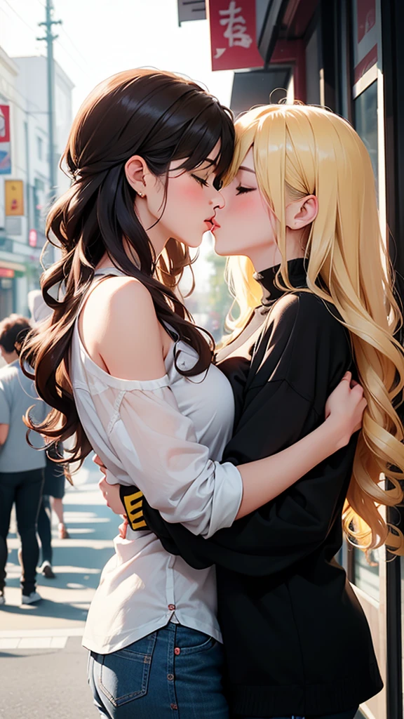 Female couple kissing on the streets of China. A bare-backed woman and a woman wearing a white shirt kiss., (SFW) Work, kissing together cutely, Girl Love Art, OPPEIN, Side milk, Slightly saggy big breasts, small breasts, (((Extra long yellow curly hair))), (((Brown shoulder-length straight hair))), (girl love kiss), The mouth is very detailed,  (girl love hug), touch her clothes, (touching each other&#39;s breasts), SFW version