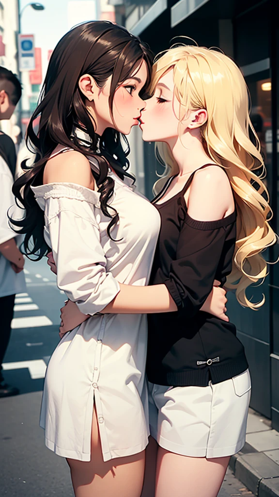 Female couple kissing on the streets of China. A bare-backed woman and a woman wearing a white shirt kiss., (SFW) Work, kissing together cutely, Girl Love Art, OPPEIN, Side milk, Slightly saggy big breasts, small breasts, (((Extra long yellow curly hair))), (((Brown shoulder-length straight hair))), (girl love kiss), The mouth is very detailed, (girl love hug), touch her clothes, (touching each other's breasts), SFW version