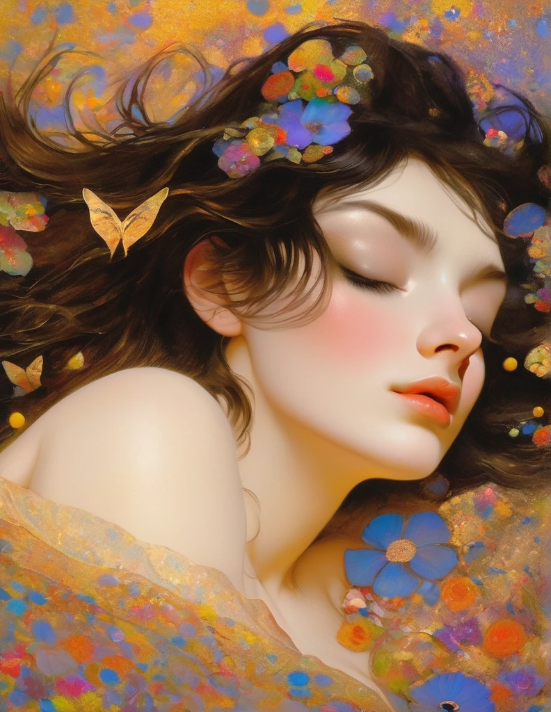 (Klimt style:1.2) , Hallucination, daydream , nightmare , Insane Dream , bokeh , erotica , romance , nudity girl , Petals fluttering down , (Single eyelids, round nose, swollen cheeks) , glossy lips , Collarbone , Hair blowing in the wind , Goddess of lust , lying back , (hide crotch by cats:1.2) , (hide nipple by cats:1.2) , (close up cat) , spread legs , bra
