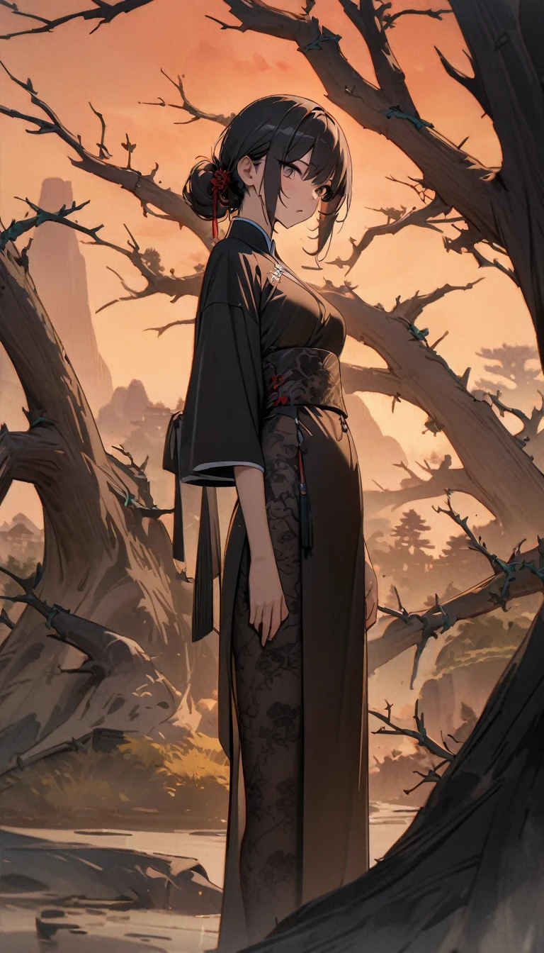 masterpiece, high quality, high resolution,8K, Chinese painting ,, Dead vines, old ((Trees)), dusk ((crow)) Don't cry,, ((A small bridge)), flowing water,Journey to the West,Journey to the West,Sun Wukong,Sun Wukong,The Monkey King,Golden Cudgel,Golden Cudgel,Fixing the sea god needle,totem (((Luxurious ancient buildings))), (Sun Wukong:1.6),, Cold wind blows westward ((An old road)),, When the sun sets, My heart ached with the anger of loneliness,,