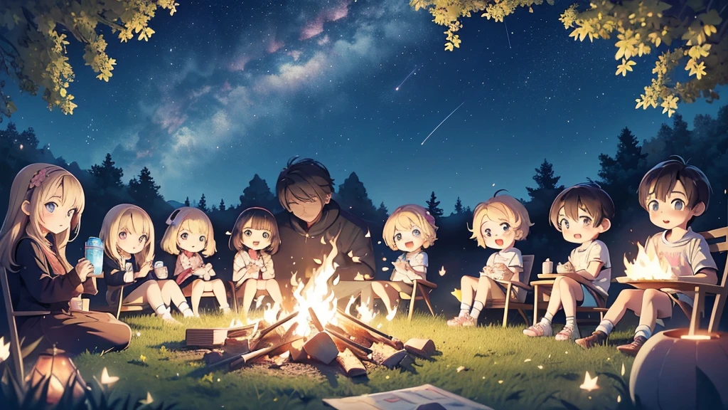 最高masterpiece、Official Art、Dynamic composition、masterpiece, (Two girls and two boys and two girls and two boys around a campfire), Idol, Big eyes, cutetech, cute, cute, pastel colour, Highest quality, Happy, Deep Background, Symmetric, Tilt your head, summer