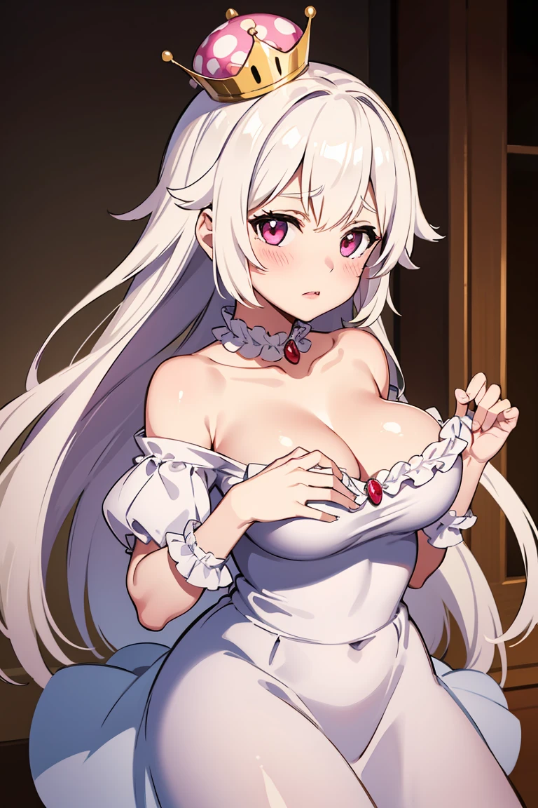 best quality, high resolution, large , white hair, blush, embarrassed, cowboy shot, looking at viewer, Boosette, pink lip, (((off shoulders)))