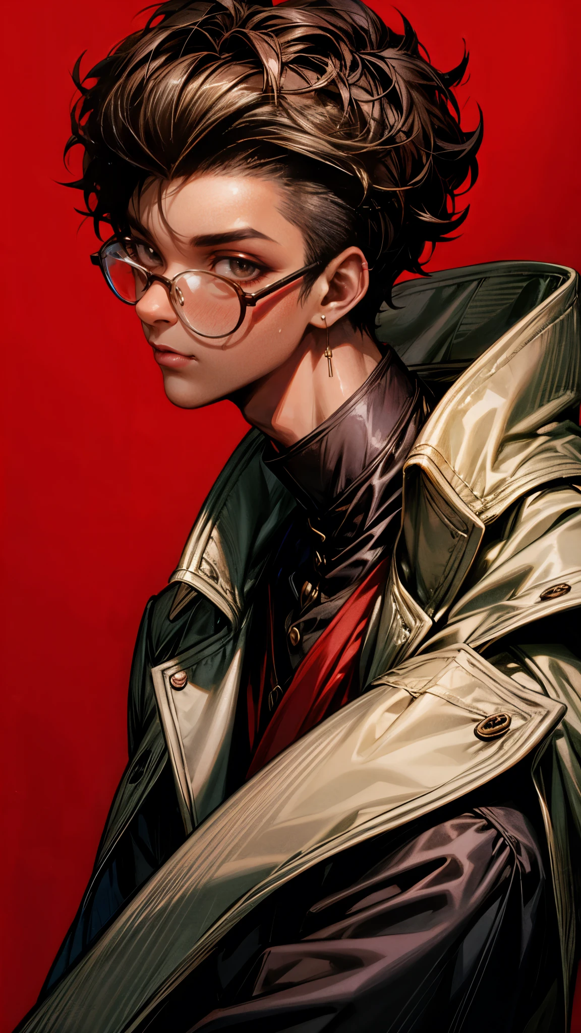 1boy, dark skin, short curly hair, shaved side, coat, brown eye, red background, glasses