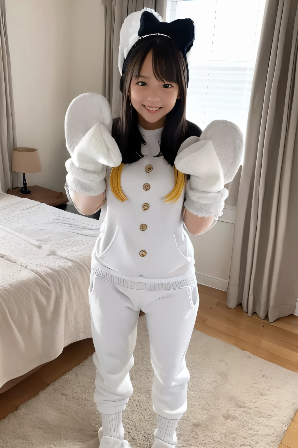girl, (costume:1.2), (White mittens:1.35), whole body, Sweat pants, stand, (Short socks:1.2), Bedroom