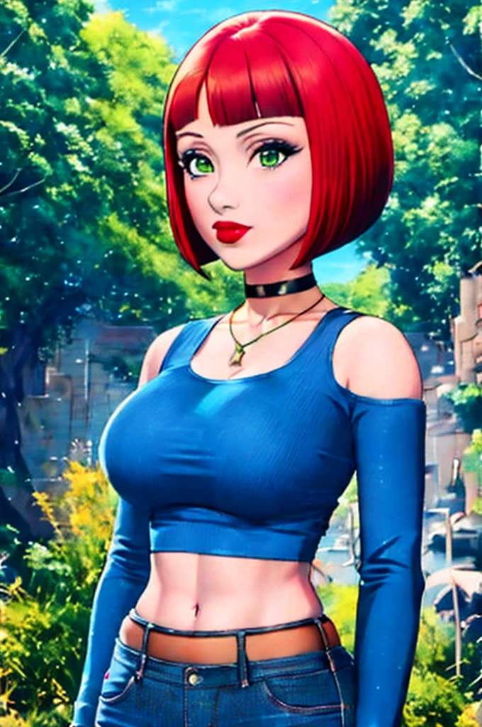 straight-on,pose,looking at viewer,solo, BREAK, 3d,
red hair, short hair, green eyes, breasts, makeup, lipstick, red lips, large breasts, narrow waist, curvy, bob cut, lips,
choker, jewelry, necklace, black choker, midriff, blue shirt, crop top, long sleeves, navel, black_pants, jeans, denim, wristband,
BREAK, official art, highres, scenery, (masterpiece:1.1), (best quality,:1.1), (high quality:1.1), (anime screencap:1.2),