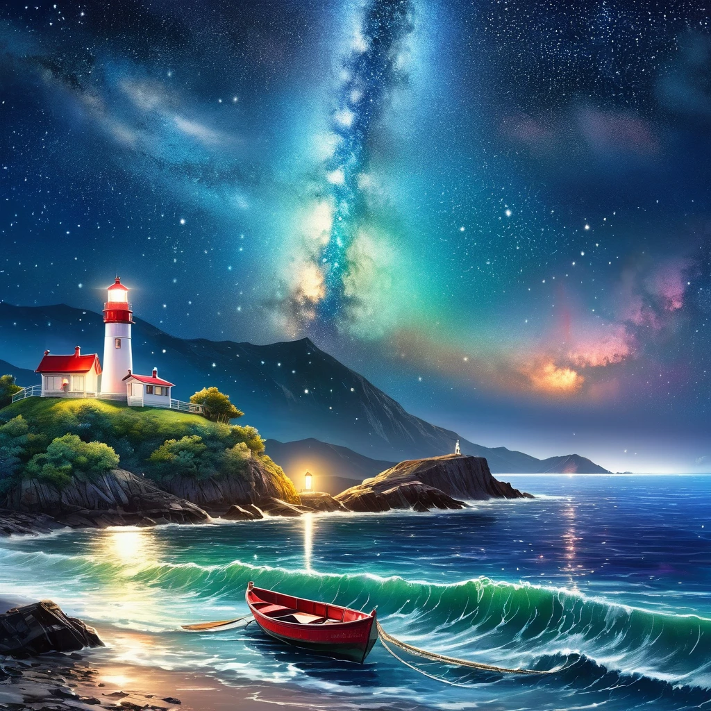 night sky,lighthouse on sea mountain, light in the lighthouse, Milky Way,Starry sky,rowboat,,Aesthetics of Official Art,beautiful digital art, a beautiful art, beautiful scenery,Watercolor painting