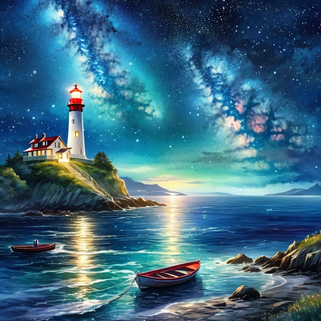 night sky,lighthouse on sea mountain, light in the lighthouse, Milky Way,Starry sky,rowboat,,Aesthetics of Official Art,beautiful digital art, a beautiful art, beautiful scenery,Watercolor painting