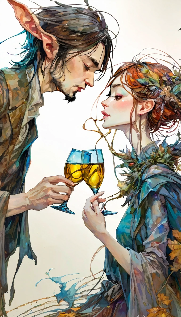 couple of lovers look at each other and toast with two luxurious glasses (art inspired by Brian Froud and Carne Griffiths and Wadim Kashin, intricate details, oil ) 