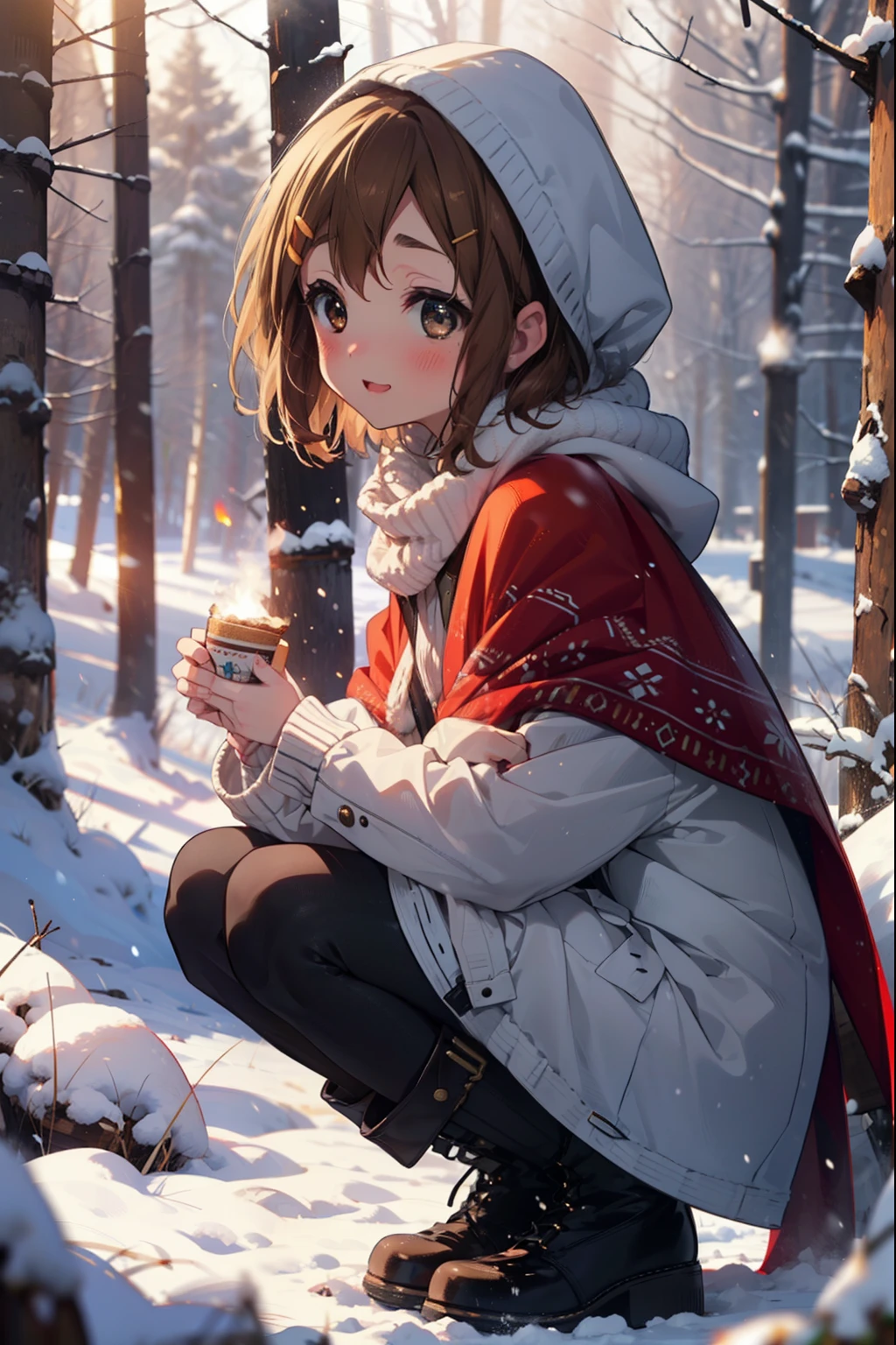 yuihirasawa, Yui Hirasawa, short hair, Brown Hair, hair ornaments, (Brown eyes:1.5), Hair Clip、smile,smile,blush,White Breath,
Open your mouth,snow,Ground bonfire,, Outdoor, boots, snowing, From the side, wood, suitcase, Cape, Blurred, , forest, White handbag, nature,  Squat, Mouth closed, Cape, winter, Written boundary depth, Black shoes, red Cape break looking at viewer, Upper Body, whole body, break Outdoor, forest, nature, break (masterpiece:1.2), Highest quality, High resolution, unity 8k wallpaper, (shape:0.8), (Beautiful and beautiful eyes:1.6), Highly detailed face, Perfect lighting, Extremely detailed CG, (Perfect hands, Perfect Anatomy),