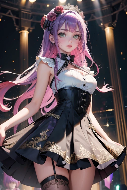 1girl, long hair, long flowing hair, floating hair, ornament hair, perfectly body, perfectly hands, rose on hair, purple rose on hair, 1 girl, Looking at the audience, flowing hair, Beautiful Eyes, Plump and glossy lips, Idol, dress with too many frills, black dress, white laces, black Short skirt, , small skirt, skirt with layers, Drape clothes, purple gem, Lace trim, bright stage, luxury gold details, gold jewelry, more details, best quality, Big sparkling eyes, blushing, Striped Lace Stockings, black Lolita skirt, sparkle, solo, centered girl, cowboy shot, perfectly body, perfectly hands, two arms, two legs, two hands, five fingers, perfect anatomy, glowing hair, purple roses, on the stage, sparkles, more details on her clothes, dress with transparency, golden details on her dress, night, holding a microphone, ((4k, masterpiece, top-quality)), 8k, best quality, high resolution, UHD, (illustration:0.8), super cute girl, delicate and beautiful face, mature girl, super cute hairstyle, (beautiful detailed eyes:1.6), extremely detailed face, perfect lighting, extremely detailed CG, (perfect hands, perfect anatomy), Best quality, cleavage