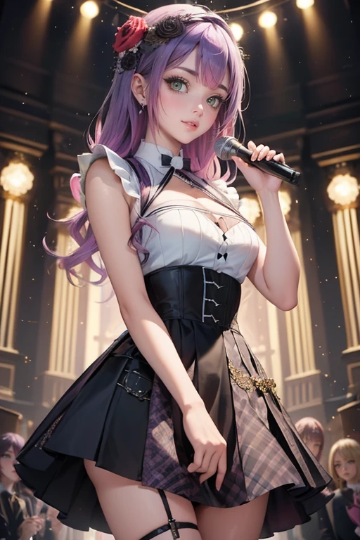 1girl, long hair, long flowing hair, floating hair, ornament hair, perfectly body, perfectly hands, rose on hair, purple rose on hair, 1 girl, Looking at the audience, flowing hair, Beautiful Eyes, Plump and glossy lips, Idol, dress with too many frills, black dress, white laces, black Short skirt, , small skirt, skirt with layers, Drape clothes, purple gem, Lace trim, bright stage, luxury gold details, gold jewelry, more details, best quality, Big sparkling eyes, blushing, Striped Lace Stockings, black Lolita skirt, sparkle, solo, centered girl, cowboy shot, perfectly body, perfectly hands, two arms, two legs, two hands, five fingers, perfect anatomy, glowing hair, purple roses, on the stage, sparkles, more details on her clothes, dress with transparency, golden details on her dress, night, holding a microphone, ((4k, masterpiece, top-quality)), 8k, best quality, high resolution, UHD, (illustration:0.8), super cute girl, delicate and beautiful face, mature girl, super cute hairstyle, (beautiful detailed eyes:1.6), extremely detailed face, perfect lighting, extremely detailed CG, (perfect hands, perfect anatomy), Best quality, cleavage