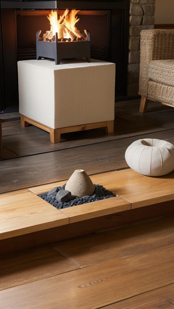 A wooden brazier in the shape of a cube(Traditional Japanese heating device)。The brazier has no lid、I can see the wooden frame。Inside the frame、There is a smooth, even layer of grey ash lying 5cm down from the top。The ashes are prevented from going over the edge of the brazier.。The sides of the brazier are covered with wooden planks.。The wood is polished、The natural grain of the wood is visible。Simple and traditional setting。In the center of the ashes、Kunugi(Kunugi)3 pieces of charcoal、They are lined up, glowing like embers.。In front of the fireplace、A Japanese man is sitting and looking。The man is wearing jeans and a T-shirt、sitting on tatami。It creates a calm and meditative atmosphere。