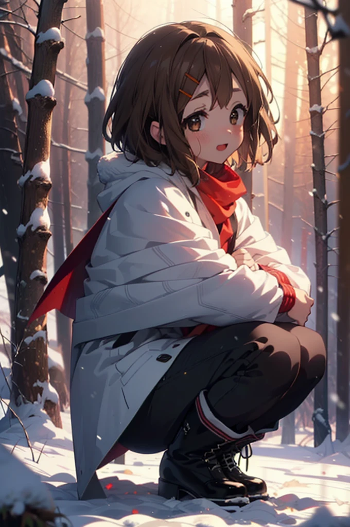 yuihirasawa, Yui Hirasawa, short hair, Brown Hair, hair ornaments, (Brown eyes:1.5), Hair Clip、smile,smile,blush,White Breath,
Open your mouth,snow,Ground bonfire,, Outdoor, boots, snowing, From the side, wood, suitcase, Cape, Blurred, , forest, White handbag, nature, Squat, Mouth closed, Cape, winter, Written boundary depth, Black shoes, red Cape break looking at viewer, Upper Body, whole body, break Outdoor, forest, nature, break (masterpiece:1.2), Highest quality, High resolution, unity 8k wallpaper, (shape:0.8), (Beautiful and beautiful eyes:1.6), Highly detailed face, Perfect lighting, Extremely detailed CG, (Perfect hands, Perfect Anatomy),