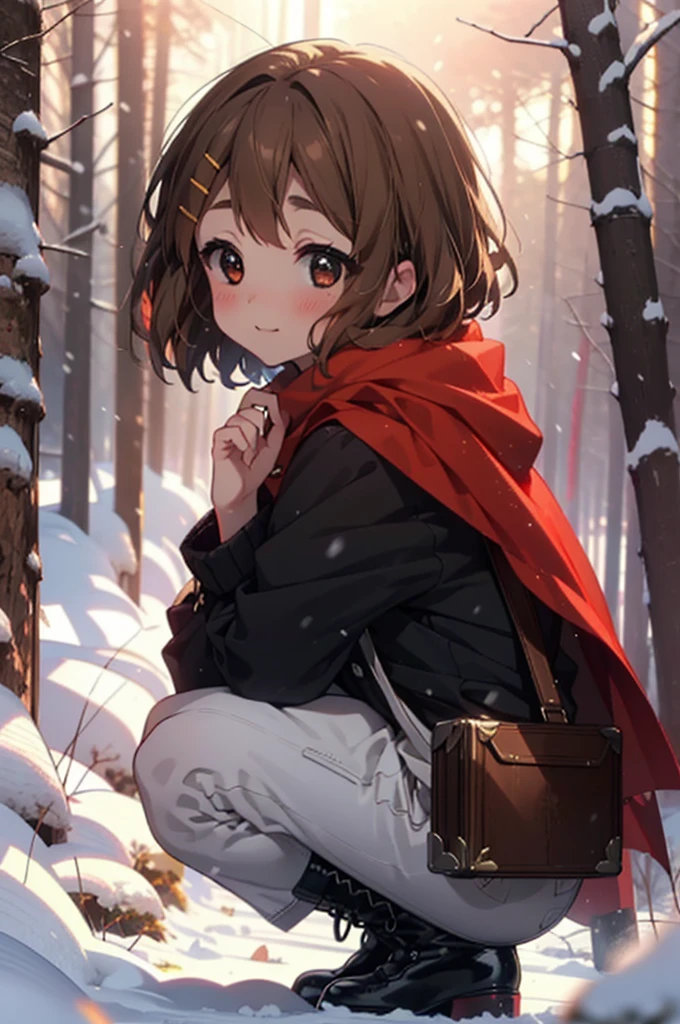 yuihirasawa, Yui Hirasawa, short hair, Brown Hair, hair ornaments, (Brown eyes:1.5), Hair Clip、smile,smile,blush,White Breath,
Open your mouth,snow,Ground bonfire,, Outdoor, boots, snowing, From the side, wood, suitcase, Cape, Blurred, , forest, White handbag, nature, Squat, Mouth closed, Cape, winter, Written boundary depth, Black shoes, red Cape break looking at viewer, Upper Body, whole body, break Outdoor, forest, nature, break (masterpiece:1.2), Highest quality, High resolution, unity 8k wallpaper, (shape:0.8), (Beautiful and beautiful eyes:1.6), Highly detailed face, Perfect lighting, Extremely detailed CG, (Perfect hands, Perfect Anatomy),