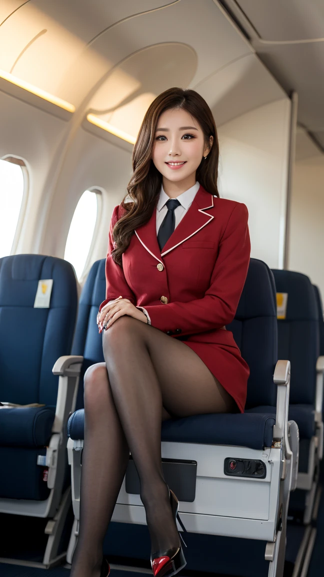 highest quality、table top、8k、best image quality、Award-winning work)、one beautiful woman、radiant beautiful skin , masterpiece、top-quality、The ultra -The high-definition、depth of fields、lens flare 1 girl、、brown hair、watching at viewers glares, large breasts , stewardess uniform, (crimson stewardess blazer:1.2), black short skirt, (black ysl high heels), perfect legs, sitting , crossed legs, view from below, smiling , flight cabin, pantyhose